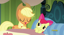 Size: 1260x702 | Tagged: safe, screencap, apple bloom, applejack, earth pony, pony, bloom and gloom, bed, discovery family, discovery family logo