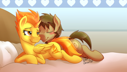 Size: 1280x728 | Tagged: safe, artist:denzel, artist:sugaryviolet, derpibooru import, spitfire, oc, oc:chocolate chips, earth pony, pegasus, pony, canon x oc, cute, female, firechips, male, shipping, snuggling, straight