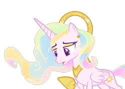 Size: 1208x859 | Tagged: safe, artist:lunarartista, princess celestia, alicorn, pony, alternate hairstyle, alternate universe, dancerverse, ear piercing, earring, eyeshadow, female, frown, halo, jewelry, lidded eyes, looking down, makeup, mare, open mouth, peytral, piercing, simple background, solo, transparent background