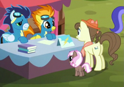 Size: 735x514 | Tagged: safe, derpibooru import, screencap, brown sugar, pegasus olsen, sea swirl, seafoam, soarin', spitfire, earth pony, pegasus, unicorn, party pooped, 5-year-old, booth, female, filly, goggles, male, mare, peggy holstein, stallion, wonderbolts uniform