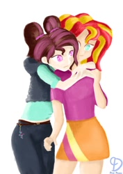 Size: 752x1063 | Tagged: safe, artist:dumbprincess, sunset shimmer, oc, human, equestria girls, commission, duo, female, hug, pigtails, simple background, wavy hair, white background