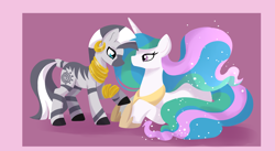 Size: 5456x3000 | Tagged: safe, artist:peachplumeria, princess celestia, zecora, alicorn, pony, zebra, absurd resolution, female, jewelry, lesbian, looking at each other, mare, necklace, prone, raised hoof, shipping, simple background, zelestia