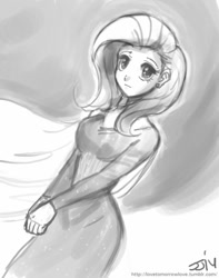 Size: 709x900 | Tagged: safe, artist:johnjoseco, fluttershy, human, clothes, dress, elsa, frozen (movie), grayscale, humanized, monochrome, solo