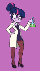 Size: 857x1500 | Tagged: safe, artist:khuzang, derpibooru import, sci-twi, twilight sparkle, equestria girls, breasts, cleavage, clothes, dress, evil grin, female, fishnet stockings, glasses, grin, hair bun, high heels, lab coat, mad scientist, pantyhose, potion, purple background, smiling