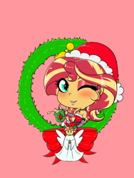 Size: 1500x2000 | Tagged: safe, artist:albertbm, sunset shimmer, angel, equestria girls, blushing, chibi, christmas, cute, eggnog, eyeshadow, female, holiday, makeup, one eye closed, shimmerbetes, solo, wink