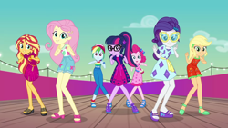 Size: 1920x1080 | Tagged: safe, screencap, applejack, fluttershy, pinkie pie, rainbow dash, rarity, sci-twi, sunset shimmer, twilight sparkle, better together, equestria girls, i'm on a yacht, clothes, dress, feet, female, glasses, humane five, humane seven, humane six, legs, ponytail, sandals