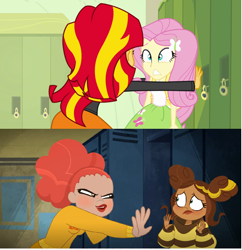 Size: 640x660 | Tagged: safe, edit, screencap, fluttershy, sunset shimmer, equestria girls, equestria girls (movie), bully, bumblebee, comparison, dc superhero girls, doris zeul, giganta, karen beecher