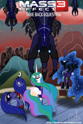 Size: 2000x3000 | Tagged: safe, artist:bonaxor, nightmare moon, princess celestia, princess luna, oc, oc:dream, alicorn, pony, armor, mass effect, mass effect 3, n7 armor, reapers, royal sisters