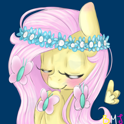 Size: 2000x2000 | Tagged: safe, artist:buttermayojamz, fluttershy, butterfly, pegasus, pony, bust, eyes closed, floral head wreath, flower, solo, wreath