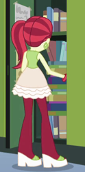 Size: 217x436 | Tagged: safe, derpibooru import, screencap, rose heart, equestria girls, book, bracelet, clothes, cropped, ear piercing, earring, high heels, jewelry, locker, pantyhose, piercing, ponytail, rear view, sandals, side ponytail, skirt, solo, tanktop