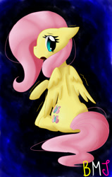 Size: 525x825 | Tagged: safe, artist:buttermayojamz, fluttershy, pegasus, pony, floppy ears, looking at you, looking back, looking back at you, open mouth, raised hoof, rear view, scared, shaking, shivering, sitting, solo, wings