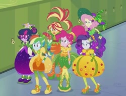 Size: 749x569 | Tagged: safe, fluttershy, pinkie pie, rainbow dash, rarity, sci-twi, sunset shimmer, twilight sparkle, better together, equestria girls, holidays unwrapped, cornucopia costumes, inflatable dress, o come all ye squashful