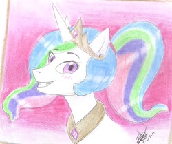 Size: 1024x855 | Tagged: safe, artist:victoriadhis, princess celestia, alicorn, pony, alternate hairstyle, blushing, crown, female, jewelry, looking at you, mare, peytral, ponytail, regalia, simple background, smiling, solo, traditional art