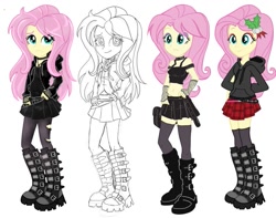 Size: 775x610 | Tagged: safe, artist:tokatl, derpibooru import, edit, edited screencap, screencap, fluttershy, equestria girls, alternate costumes, alternate hairstyle, belly button, boots, clothes, collage, collar, goth, heavy metal, hoodie, metal, metalshy, midriff, miniskirt, pantyhose, pleated skirt, recolor, skirt, solo