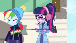 Size: 1920x1080 | Tagged: safe, derpibooru import, screencap, rainbow dash, sci-twi, twilight sparkle, better together, equestria girls, holidays unwrapped, canterlot high, clothes, shovel, winter outfit