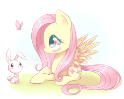 Size: 1000x800 | Tagged: safe, artist:riouku, angel bunny, fluttershy, butterfly, pegasus, pony, blushing, cute, female, mare, prone, shyabetes, smiling, spread wings