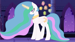 Size: 2720x1530 | Tagged: safe, artist:nyancat-pixelheart, princess celestia, alicorn, pony, angry, elements of harmony, jewelry, levitation, magic, night, peytral, solo, telekinesis