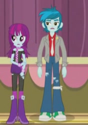 Size: 295x420 | Tagged: safe, derpibooru import, screencap, mystery mint, thunderbass, equestria girls, rainbow rocks, background human, boots, bracelet, clothes, female, high heel boots, jacket, jewelry, male, necktie, pants, pantyhose, ripped pantyhose, scarf, shoes, skirt, sneakers