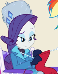 Size: 737x937 | Tagged: safe, derpibooru import, screencap, rainbow dash, rarity, better together, equestria girls, holidays unwrapped, chair, clothes, cropped, cute, female, gloves, jacket, jewelry, knitting, lidded eyes, mittens, raised eyebrow, raribetes, rarity's winter hat, sitting, smiling, winter coat, winter hat