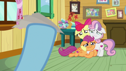 Size: 1280x720 | Tagged: safe, derpibooru import, screencap, apple bloom, applejack, babs seed, cheerilee, featherweight, rainbow dash, rarity, scootaloo, shady daze, sweetie belle, earth pony, pegasus, pony, unicorn, the last crusade, about to cry, adorabloom, clubhouse, crusaders clubhouse, crying, cuddly, cute, cutealoo, cuteness overload, cutest pony alive, cutest pony ever, cutie mark crusaders, daaaaaaaaaaaw, depressing, diasweetes, female, filly, floppy ears, group hug, hug, hugable, hugs needed, sad, ticket, tickets, weapons-grade cute