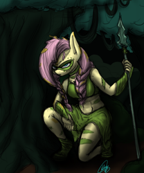 Size: 1000x1200 | Tagged: safe, artist:xxmarkingxx, fluttershy, anthro, the cutie re-mark, abs, alternate timeline, badass, belly button, bodypaint, chrysalis resistance timeline, clothes, fingerless gloves, flutterbadass, frown, glare, gloves, jungleshy, looking at you, midriff, skirt, solo, spear, stone spear, tribalshy, weapon