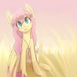 Size: 1300x1300 | Tagged: dead source, safe, artist:infinideer, fluttershy, pegasus, pony, eye clipping through hair, female, floral head wreath, flower, full face view, grass, head tilt, hippieshy, looking at you, mare, no more ponies at source, peace, peace symbol, sitting, smiling, solo, wreath