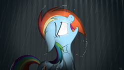 Size: 3840x2160 | Tagged: safe, artist:hydrusbeta, derpibooru import, rainbow dash, pegasus, pony, fanfic:harmony theory, fanfic art, female, glowing eyes, mare, rain, screaming, solo, wet