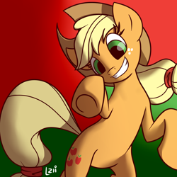 Size: 1024x1024 | Tagged: safe, artist:elzielai, applejack, earth pony, pony, grin, rearing, solo, underhoof