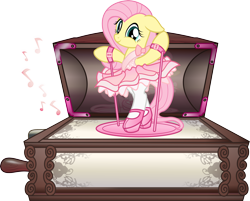 Size: 3998x3220 | Tagged: dead source, safe, artist:nxzc88, derpibooru import, fluttershy, pegasus, pony, ballerina, bipedal, bondage, bondage cuffs, bondage gear, clothes, cuffs, dress, flutterina, high res, hilarious in hindsight, lock, music box, music notes, pantyhose, platform shoes, restrained, simple background, smiling, solo, transparent background, unsexy bondage, vector