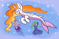 Size: 1280x853 | Tagged: safe, artist:heir-of-rick, princess celestia, princess luna, twilight sparkle, twilight sparkle (alicorn), alicorn, jellyfish, merpony, octopus, pony, shark, alternate hairstyle, cecaelia, monster mare, sealestia, seaponified, seapony celestia, species swap