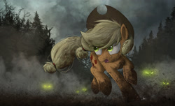 Size: 2700x1642 | Tagged: safe, artist:ncmares, applejack, earth pony, pony, timber wolf, dirty, glowing eyes, mud, open mouth, raised hoof, solo