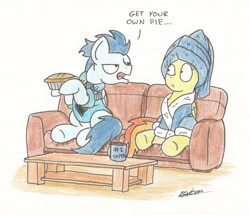 Size: 1830x1574 | Tagged: safe, artist:bobthedalek, derpibooru import, soarin', spitfire, pegasus, pony, bathrobe, clothes, female, male, mug, pie, shipping, shirt, sitting, soarinfire, sofa, straight, that pony sure does love pies, towel, traditional art, wonderbolts dress uniform