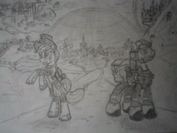 Size: 4000x3000 | Tagged: safe, artist:panzerwaffe, applejack, big macintosh, earth pony, pony, armor, canterlot, cloudsdale, crossover, imperial guard, imperium of man, inquisition, male, monochrome, ponyville, stallion, traditional art, warhammer (game), warhammer 40k