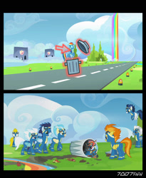 Size: 1288x1572 | Tagged: safe, derpibooru import, edit, edited screencap, editor:teren rogriss, screencap, fleetfoot, misty fly, rainbow dash, soarin', spitfire, pegasus, pony, magic duel, newbie dash, abuse, clothes, comic, dashabuse, female, flying, garbage bin, goggles, hooves, male, mare, open mouth, rainbow trash, rainbow waterfall, screencap comic, stallion, uniform, wings, wonderbolts, wonderbolts uniform