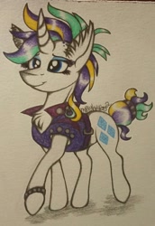 Size: 1560x2270 | Tagged: safe, artist:raritylover152, rarity, pony, unicorn, it isn't the mane thing about you, alternate hairstyle, chest fluff, clothes, ear fluff, female, mare, punk, raripunk, signature, solo, traditional art