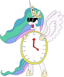 Size: 2171x2615 | Tagged: safe, artist:supahdonarudo, princess celestia, alicorn, pony, angry, bipedal, clock, female, hate, holding, it's time to stop, mare, meta, open mouth, simple background, solo, spread wings, standing, sunglasses, transparent background, wings