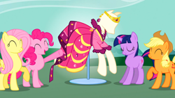 Size: 1366x768 | Tagged: safe, screencap, applejack, fluttershy, pinkie pie, twilight sparkle, unicorn twilight, earth pony, pegasus, pony, unicorn, suited for success, clothes, digit street, dress, gala dress