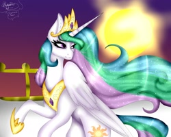 Size: 4000x3200 | Tagged: safe, artist:minelvi, artist:rosediamond1, princess celestia, alicorn, pony, collaboration, bipedal, crown, jewelry, peytral, regalia, solo, sun