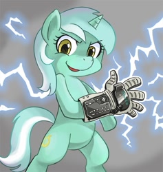 Size: 600x633 | Tagged: safe, artist:shepherd0821, lyra heartstrings, pony, unicorn, bipedal, clothes, electricity, female, gloves, mare, nintendo, nintendo entertainment system, power glove, solo