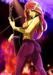 Size: 2894x4093 | Tagged: safe, artist:rambon7, sunset shimmer, better together, equestria girls, let it rain, acoustic guitar, ass, bedroom eyes, bunset shimmer, butt, clothes, digital art, female, guitar, high res, leotard, looking at you, looking back, looking back at you, looking over shoulder, microphone, musical instrument, pants, scenery, sexy, smiling, solo, thong leotard