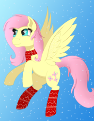 Size: 1024x1317 | Tagged: safe, artist:fia94, fluttershy, pegasus, pony, clothes, floating, looking away, scarf, snow, snowflake, socks, solo