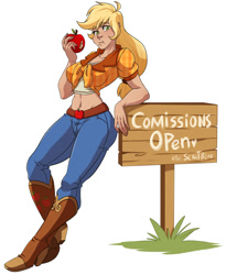 Size: 1636x2000 | Tagged: safe, artist:g-blue16, applejack, human, applerack, belly button, breasts, commission, female, humanized, midriff, solo