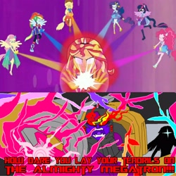 Size: 2560x2560 | Tagged: safe, artist:terry, edit, edited screencap, screencap, applejack, fluttershy, pinkie pie, rainbow dash, rarity, sci-twi, sunset shimmer, twilight sparkle, comic:a hater's agenda, better together, cheer you on, equestria girls, beast megatron, beast wars, blank eyes, clash of hasbro's titans, crossover, decepticon, humane five, humane seven, humane six, megatron, ponied up, predacon, super ponied up, transformers, white eyes