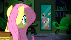 Size: 1920x1080 | Tagged: safe, screencap, fluttershy, pegasus, pony, bondage, chair, fluttershy's cottage, fluttershy's cottage (interior), mirror, reflection, sad, sitting, solo, tied up, unsexy bondage
