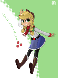 Size: 2304x3072 | Tagged: safe, artist:qzygugu, derpibooru import, applejack, equestria girls, boots, braid, clothes, cowboy boots, cute, denim skirt, looking at you, pantyhose, pigtails, scarf, skirt, solo