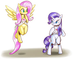 Size: 972x776 | Tagged: safe, artist:tangankittentail, fluttershy, rarity, pegasus, pony, unicorn, bipedal, bottomless, clothes, featureless crotch, flying, pixiv, shirt