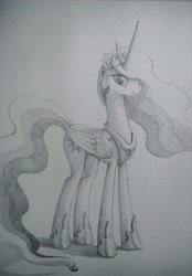 Size: 3078x4412 | Tagged: safe, artist:xxkrutoy, princess celestia, alicorn, pony, absurd resolution, crown, grayscale, jewelry, looking at you, monochrome, open mouth, peytral, regalia, simple background, solo, traditional art