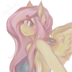 Size: 512x512 | Tagged: safe, artist:tolsticot, fluttershy, anthro, bust, looking at you, looking sideways, name, portrait, simple background, sketch, solo, spread wings, white background, wings