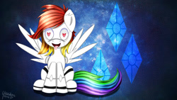 Size: 1191x670 | Tagged: dead source, safe, artist:yuukon, derpibooru import, oc, oc only, oc:tei, pegasus, pony, robot, cutie mark, cutie mark background, heart, heart eyes, rainbow hair, solo, spread wings, tongue out, wallpaper, wingding eyes, wings