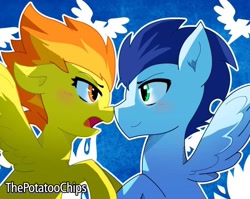 Size: 900x718 | Tagged: safe, artist:potatoochips, derpibooru import, soarin', spitfire, blushing, boop, female, male, noseboop, shipping, soarinfire, straight